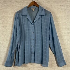 Vintage Y2K Blue Textured Button Front Lightweight Sheer Long Sleeve Sz 12 Top